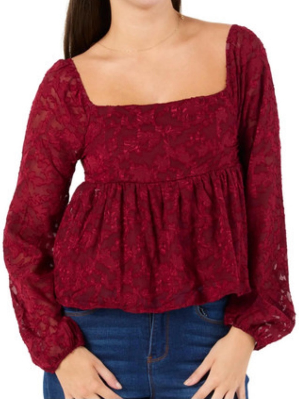 Discreet Square-Neck Burgundy Lace Peplum Blouse